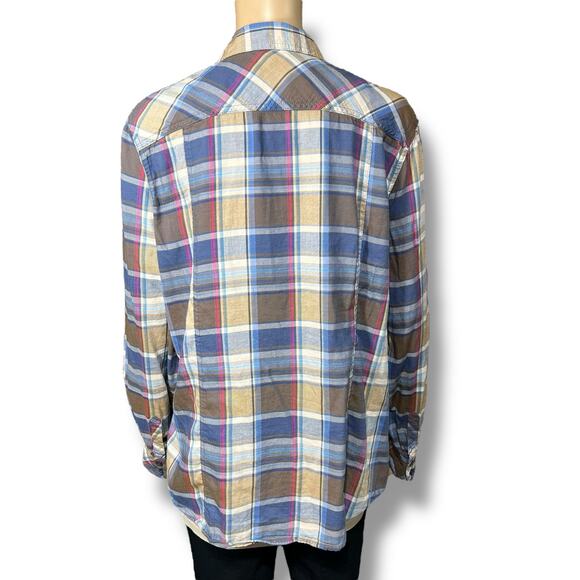 Bit & Bridle Womens Plaid Button Down Shirt Top Long Sleeve Blue Brown Large - Picture 4 of 9